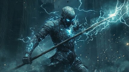 Electrified Armored Warrior Wielding Lightning Spear