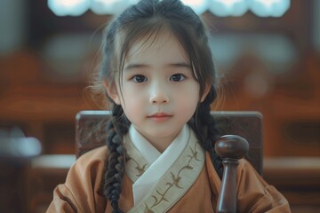 A young child in traditional attire, symbolizing cultural heritage and innocence in a serene setting.