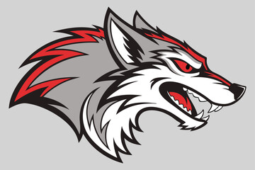 A cartoon logo of a fierce wolf's head in a side profile.