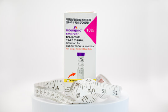 Childers Queensland Australia - December 21 2024: Mounjaro tirzepatide GLP-1 GIP receptor agonist, kwik pen injection injectable type 2 diabetes, off label weight loss, drug medication