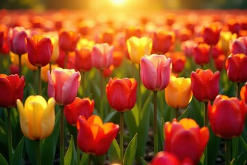 Fototapeta premium Sunlit field, dense colorful tulips, bright petals, sunshine, botany