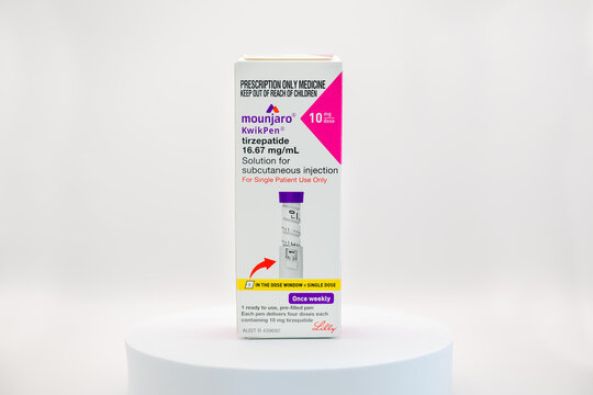 Childers Queensland Australia - December 21 2024: Mounjaro tirzepatide GLP-1 GIP receptor agonist, kwik pen injection injectable type 2 diabetes, off label weight loss, drug medication