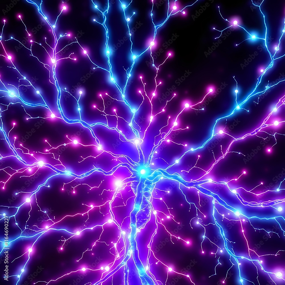 Poster cybernetic bioluminescent tree with interconnected nodes