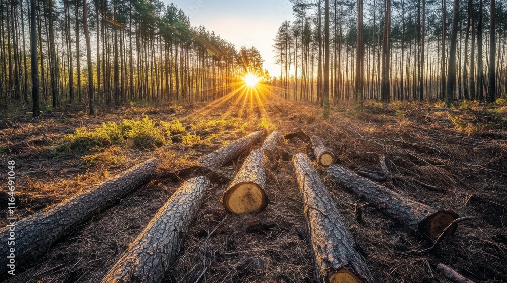 Poster sunlit forest with dynamic angles and soft light