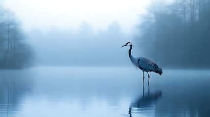 Fototapeta premium Serene Heron Stands in Misty Water Landscape