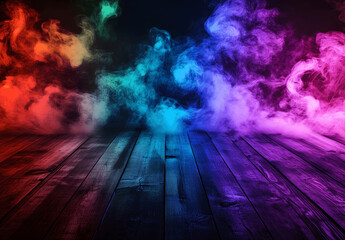 A dark background provides a striking contrast to vibrant, colorful smoke that billows up from an empty wooden table in a captivating stock photo