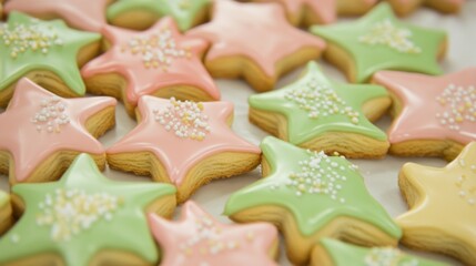 Photography of a close-up of Christmas cookies in the shape of stars and trees, decorated with colorful icing.