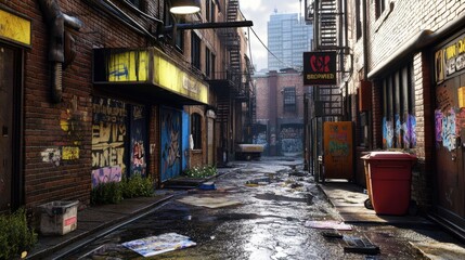 Fototapeta premium Urban Alley with Colorful Graffiti and Soft Lighting