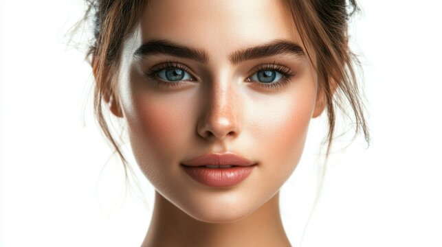 Young woman with perfect smooth skin isolated on white background. Facebuilding.