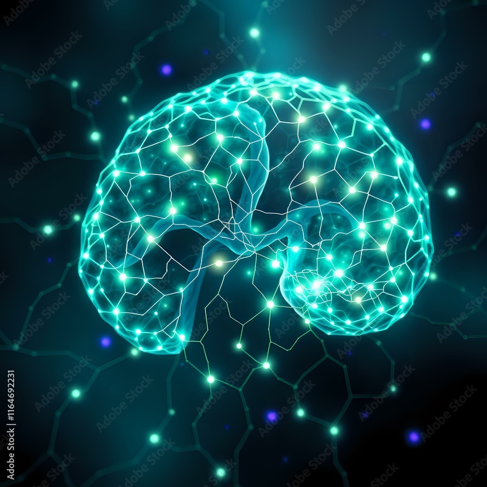 Poster luminous neural network brain image - bioluminescent art nouveau style