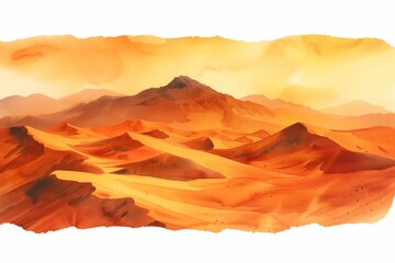 Naklejka premium A vibrant desert landscape highlighting orange hues and undulating sand dunes under a warm sunset glow.