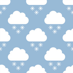 Winter sky, white clouds and snowflakes on blue background. Vector seasonal seamless pattern. 
