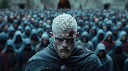 A resolute warrior in a bloodied hooded armor stands firmly amidst a battle-scarred environment, capturing themes of bravery, resilience, and medieval warfare.