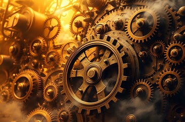 Intricate Steampunk Mechanism with Golden Gears
