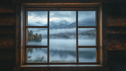 静寂な朝霧の湖と山、小窓越しの木製インテリアと自然の調和