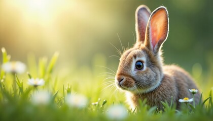 Fototapeta premium Close-up of a bunny's face, serene mood, with soft fur and sparkling eyes in green grass