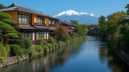 Obraz premium Japanese Houses Line Canal With Mount Fuji In Background