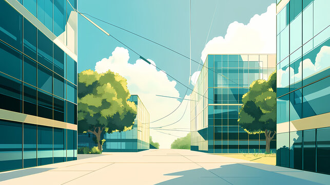A digital illustration of a leased line internet connection between two modern buildings. Leafen. Illustration