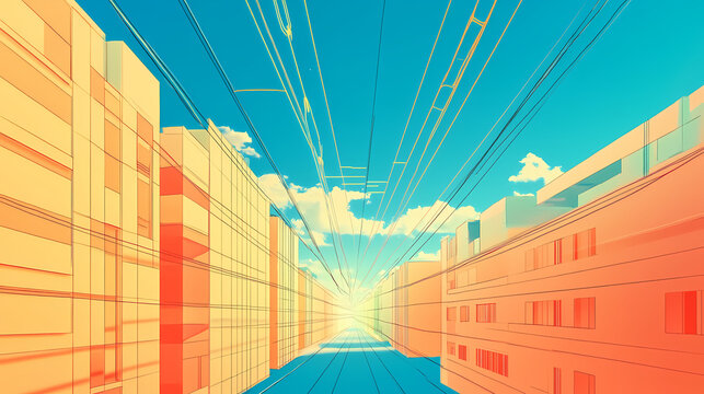 A digital illustration of a leased line internet connection between two modern buildings. Leafen. Illustration