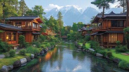 Fototapeta premium Serene Japanese Village nestled beside a tranquil river and mountains