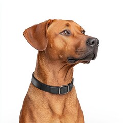 Obraz premium A majestic Rhodesian Ridgeback dog with a shiny coat and attentive expression, showcasing loyalty and companionship in a serene setting.