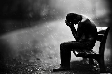 Obraz premium Silhouette of a young african male in rainy reflection on park bench