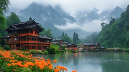 Naklejka premium Serene Mountain Village Lakeside Houses Amongst Misty Peaks