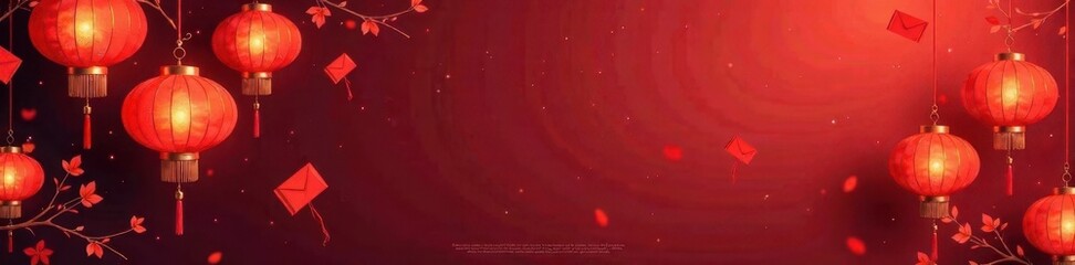 Obraz premium Vibrant lanterns & red envelopes, festive decorations , vector, calligraphy, joyful