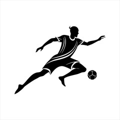 black vector of soccer player silhouette in dynamic movement, minimalist logo style 