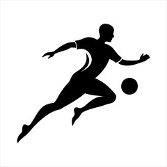 black vector of soccer player silhouette in dynamic movement, minimalist logo style 