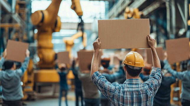 Workers in a modern industrial facility hold up cardboard signs in protest. The scene captures an organized labor demonstration with machinery and robotic arms in the background