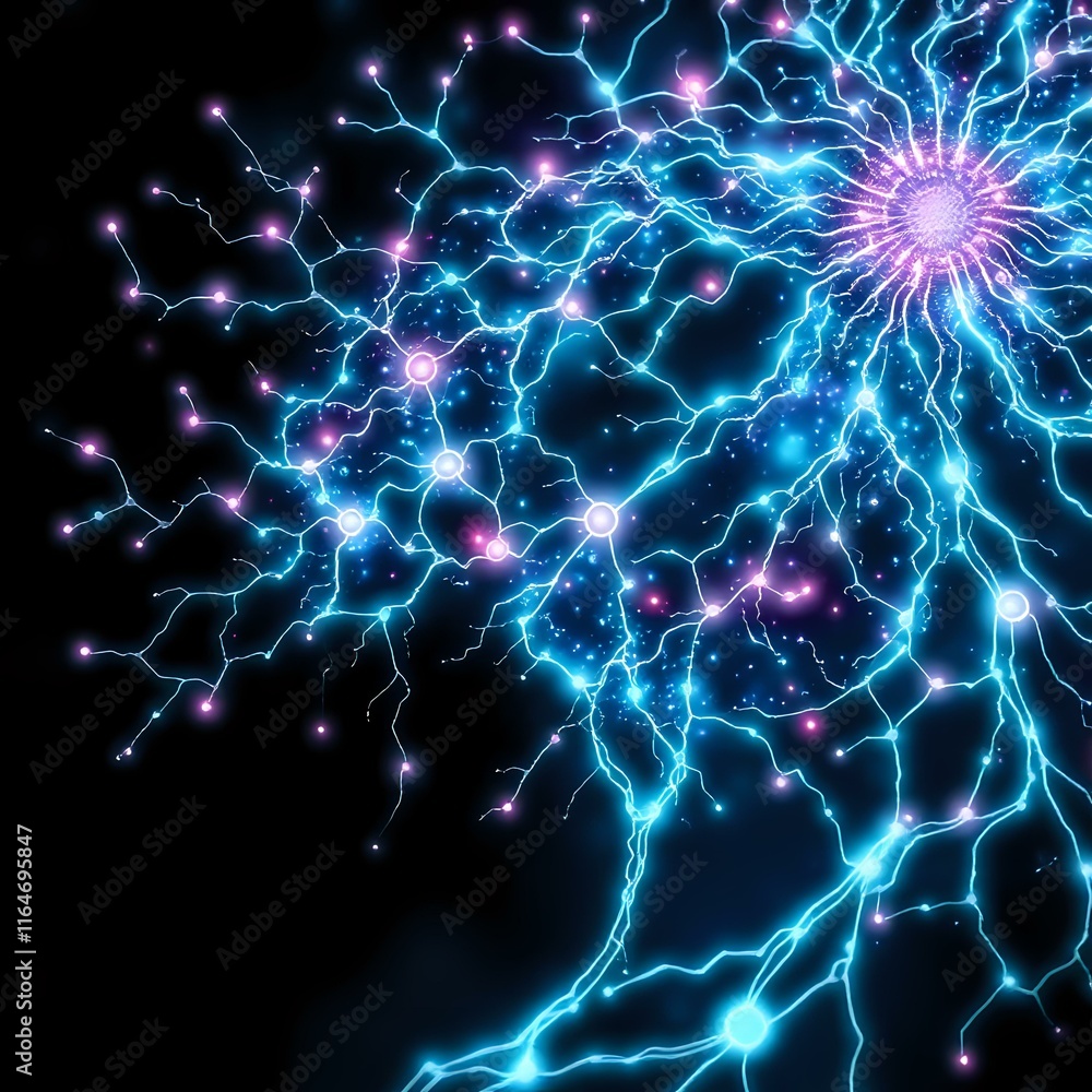 Poster art nouveau bioluminescent neural network - glowing brainwave patterns