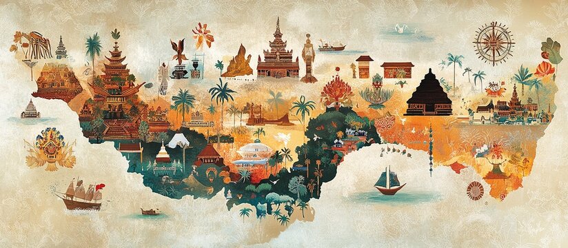 Illustrated map of Indonesia featuring landmarks and cultural icons.