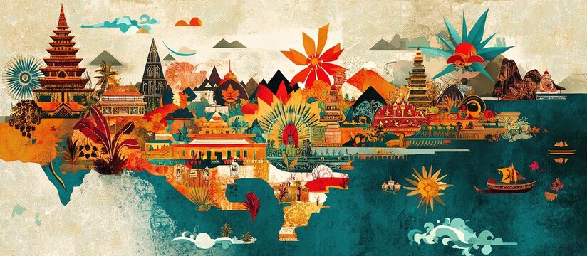 Illustrated map of Indonesia showcasing cultural landmarks.