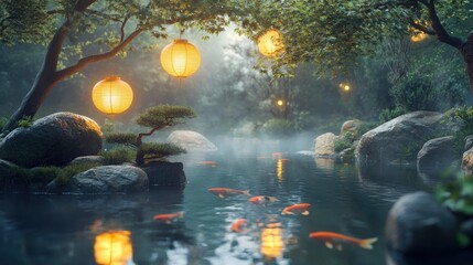 Naklejka premium A minimalistic Zen garden with Chinese paper lanterns floating above a small koi pond. The lanterns cast a gentle, golden light, surrounded by smooth stones and bonsai trees.