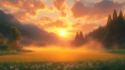 Golden Sunset Over Misty Valley Rice Fields
