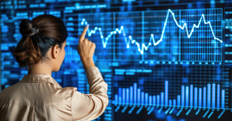 Asian female analyst interacting with financial data on digital screen
