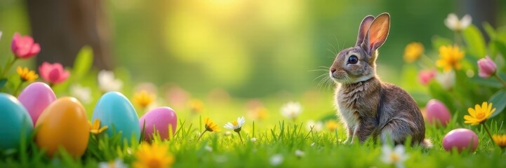 Fototapeta premium Easter egg hunt in a spring garden with colorful eggs and flowers, garden, nature