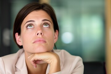 Pensive caucasian female adult considering ideas in thoughtful pose