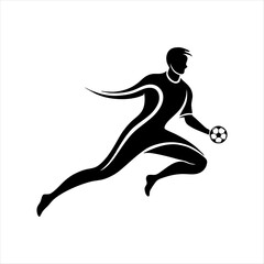 black vector of soccer player silhouette in dynamic movement, minimalist logo style 