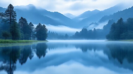 Serene Mountain Lake Mist Shrouded Pines Reflecting Tranquility