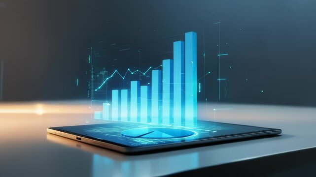 Modern Blue Data Visualization on Digital Tablet with Bar Graphs
