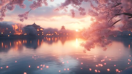 Serene Sunset Sakura Blossoms Over Calm Water