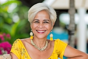 Elderly asian female smiling in bright yellow dress outdoors