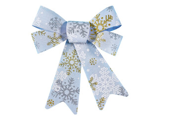 Light blue decorative bow with a pattern of snowflakes in white, silver, and gold colors. Isolated on white background. Cut out.