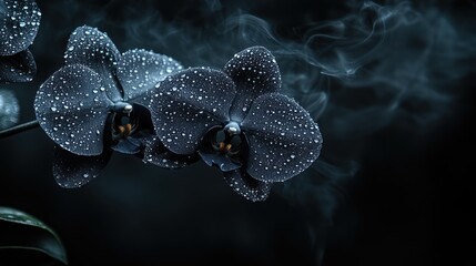 Dark orchids with water droplets and smoke.