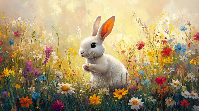 A charming white rabbit sits in a vibrant meadow filled with colorful wildflowers under soft sunlight. The delicate petals and bright green grass create a cheerful and serene springtime atmosphere.