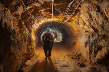 A Miner in a High-Visibility Uniform and Headlamp Walking Through an Underground Tunnel, Carrying...