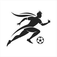 black vector of soccer player silhouette in dynamic movement, minimalist logo style
