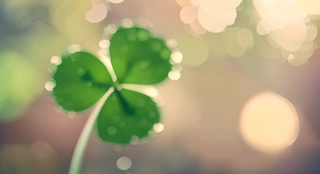 A single four leaf clover with dew drops against a bokeh light background symbolizing luck 4K